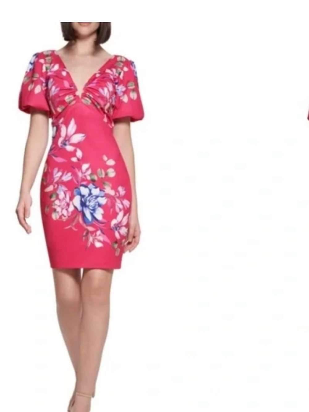 GUESS Pink Floral Plunge-Neck Scuba Dress. Size 10. - Picture 3 of 4